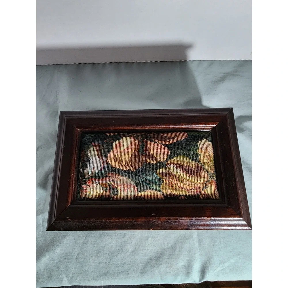 Vintage Wooden Jewelry Box Flowered Embroidery Tapestry Top Mirror Trinket Decor